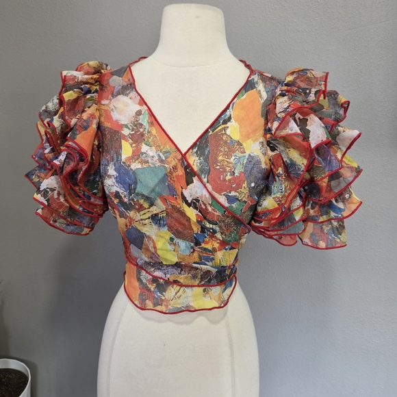 Vintage Saks Fifth Avenue Colorful Ruffle Sleeve Blouse - Picture 4 of 9